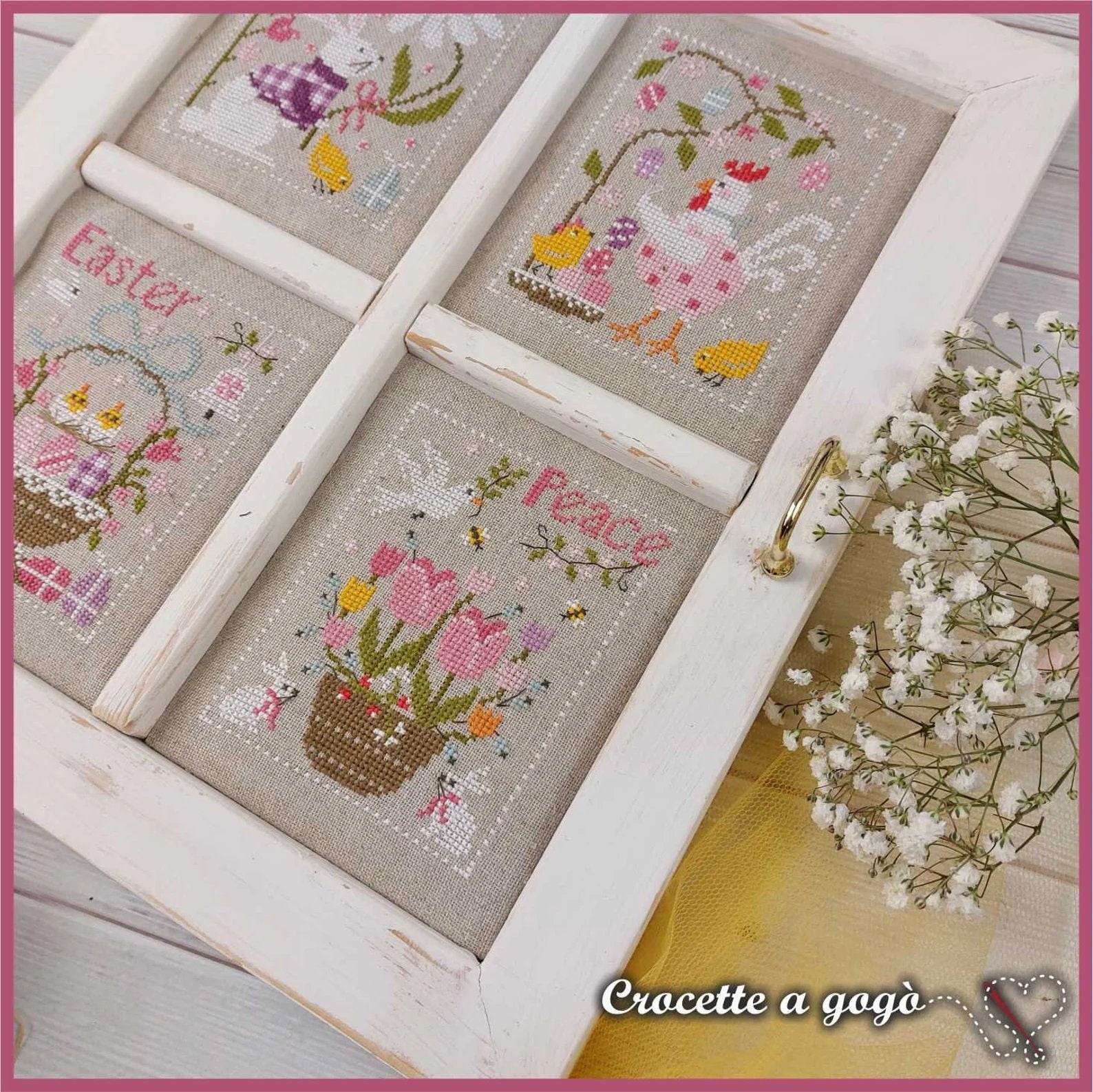 CROCETTE A GOGO "Easter Window"  Counted Cross Stitch Pattern  Bunny, Spring, Easter Eggs, Chicks, Italy, Paper Pattern