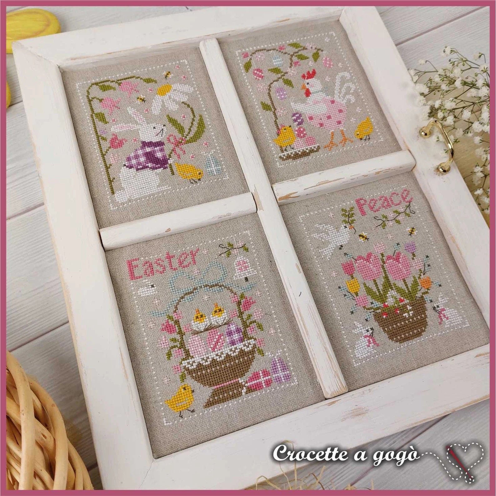 CROCETTE A GOGO "Easter Window"  Counted Cross Stitch Pattern  Bunny, Spring, Easter Eggs, Chicks, Italy, Paper Pattern