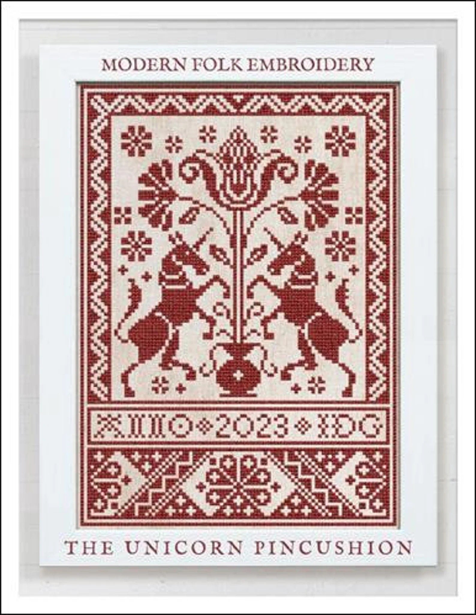 MODERN FOLK EMBROIDERY "The Unicorn Pincushion" Counted Cross Stitch Pattern, Sampler, Chart, Pattern Only