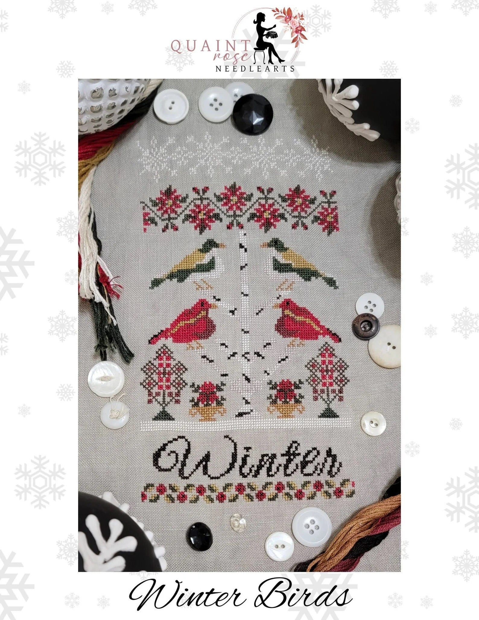 QUAINT ROSE NEEDLEARTS "Winter Birds" Counted Cross Stitch Pattern, Sampler, Chart, Pattern Only