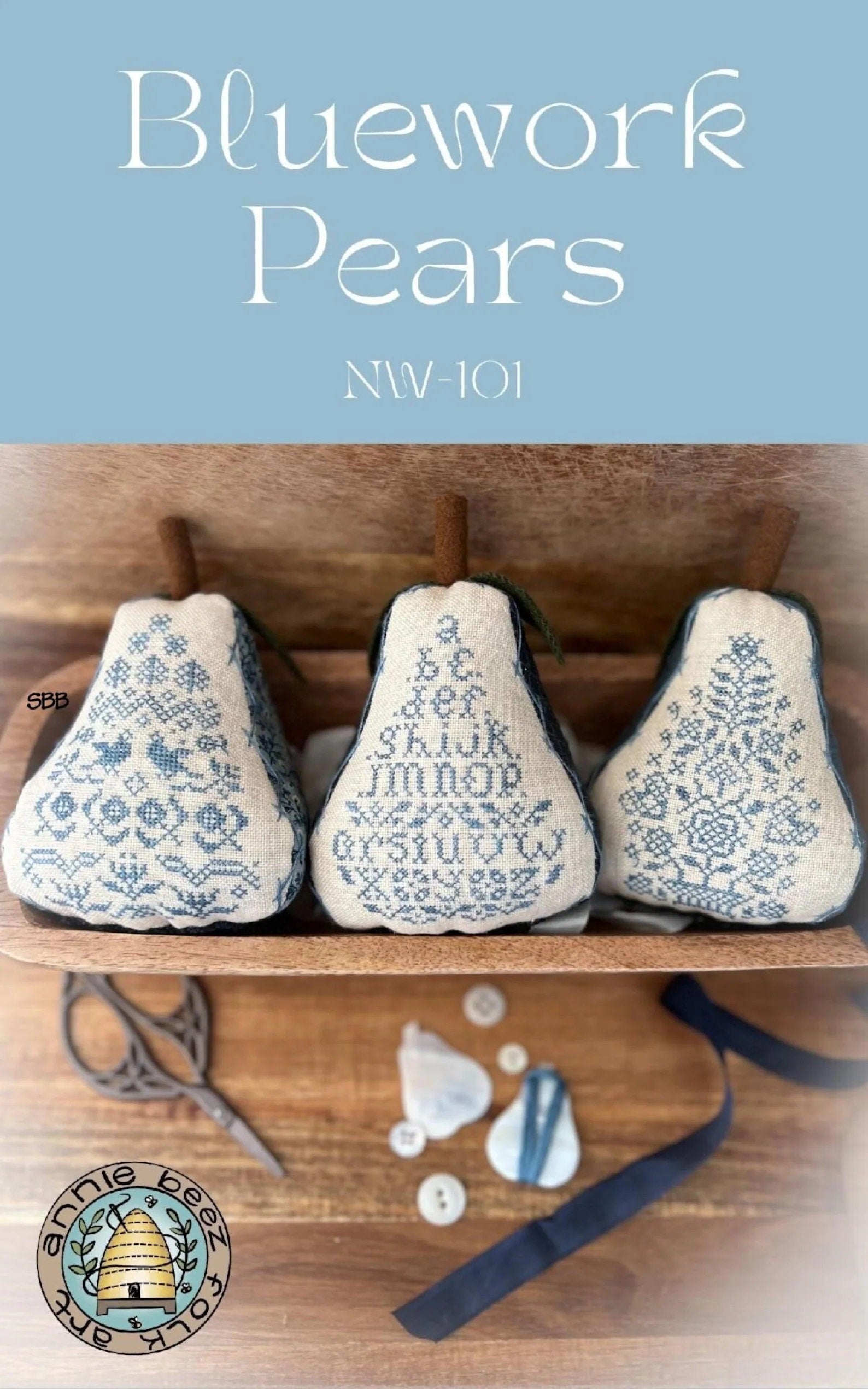ANNIE BEEZ Folk Art "Bluework Pears" Counted Cross Stitch Pattern, Chart, Pattern Only