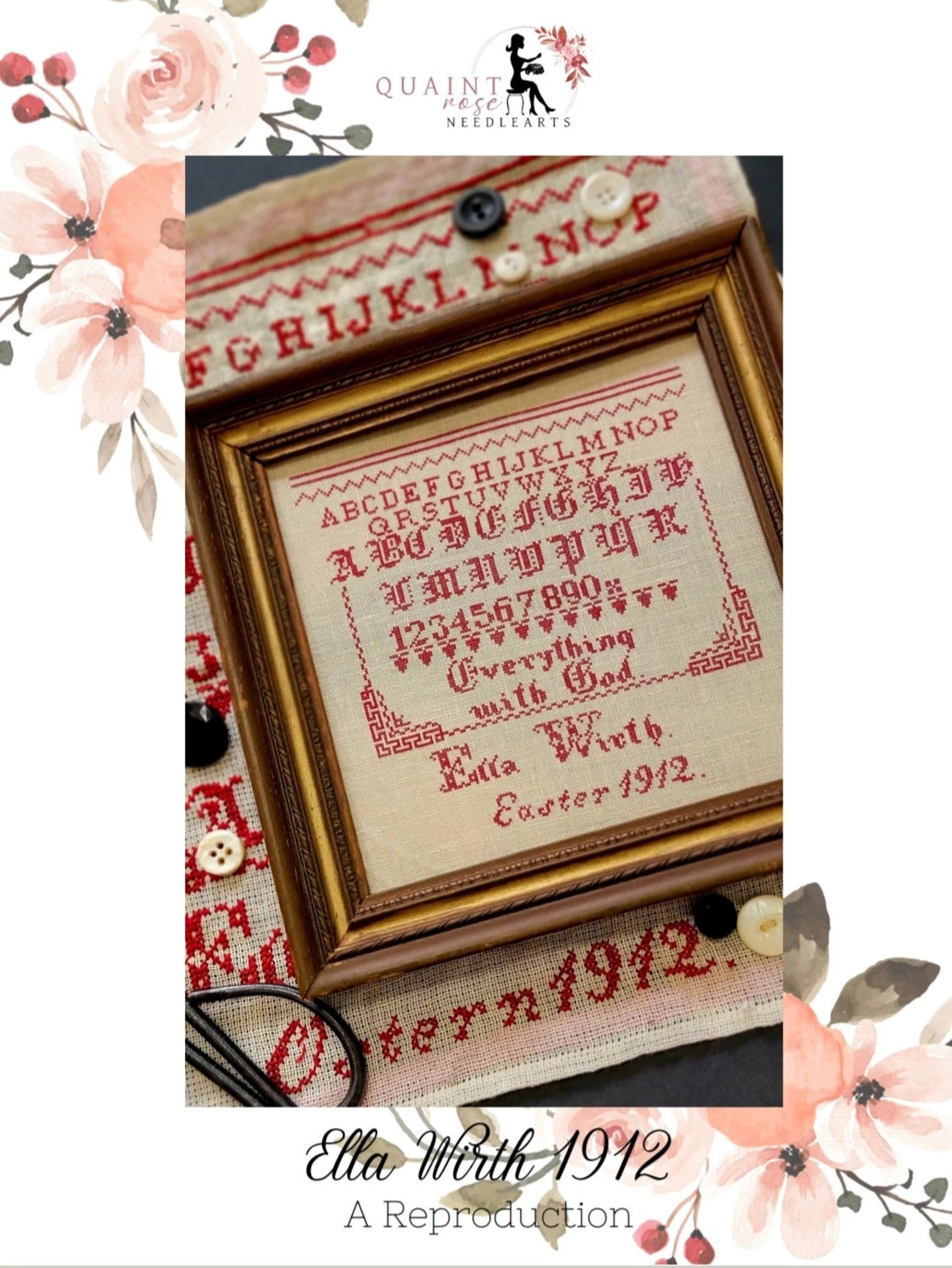 QUAINT ROSE NEEDLEARTS "Ella Wirth 1912" Counted Cross Stitch Pattern, Sampler, Chart, Pattern Only