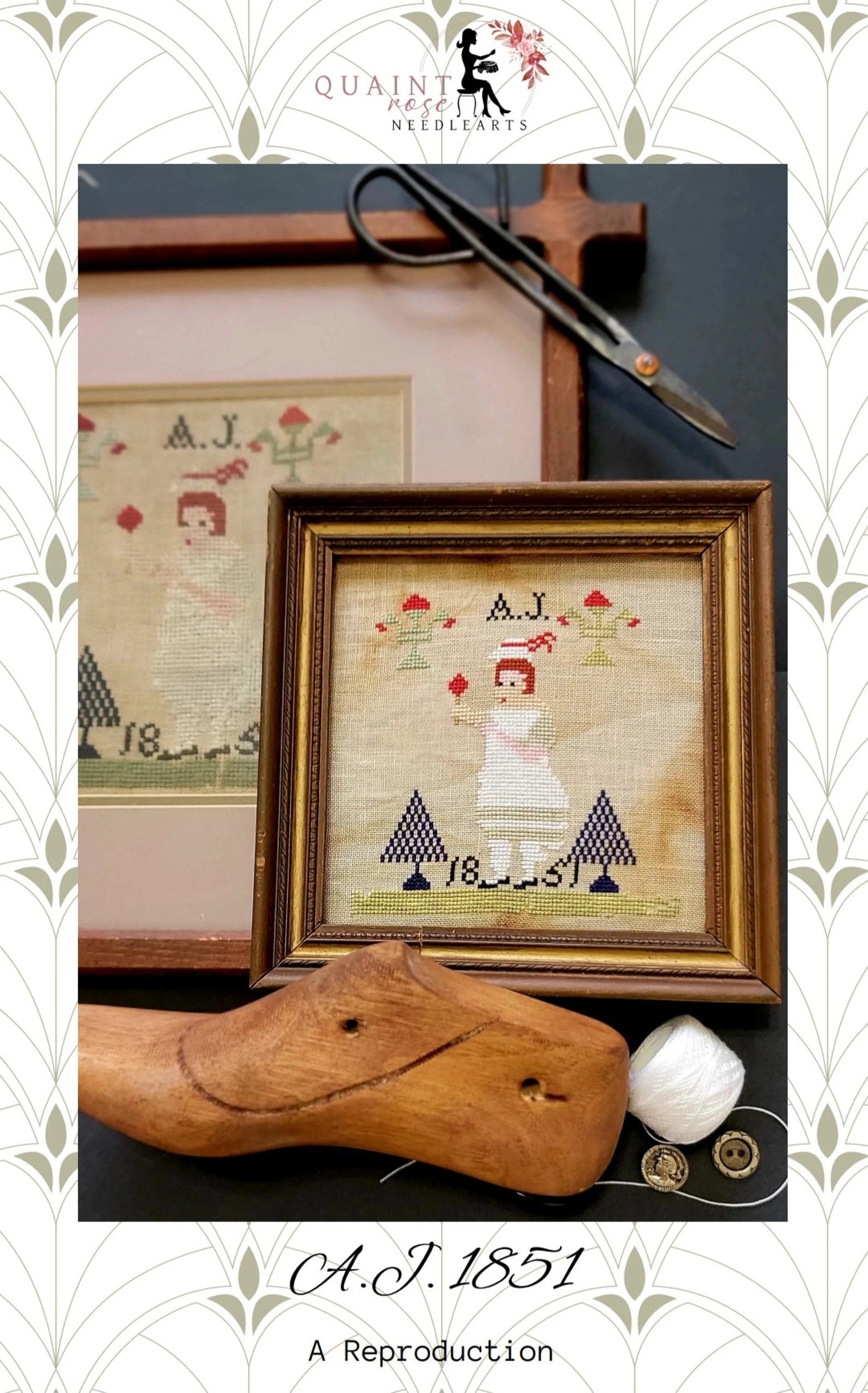 QUAINT ROSE NEEDLEARTS "A.J. 1851" Counted Cross Stitch Pattern, Sampler, Chart, Easter, Pattern Only