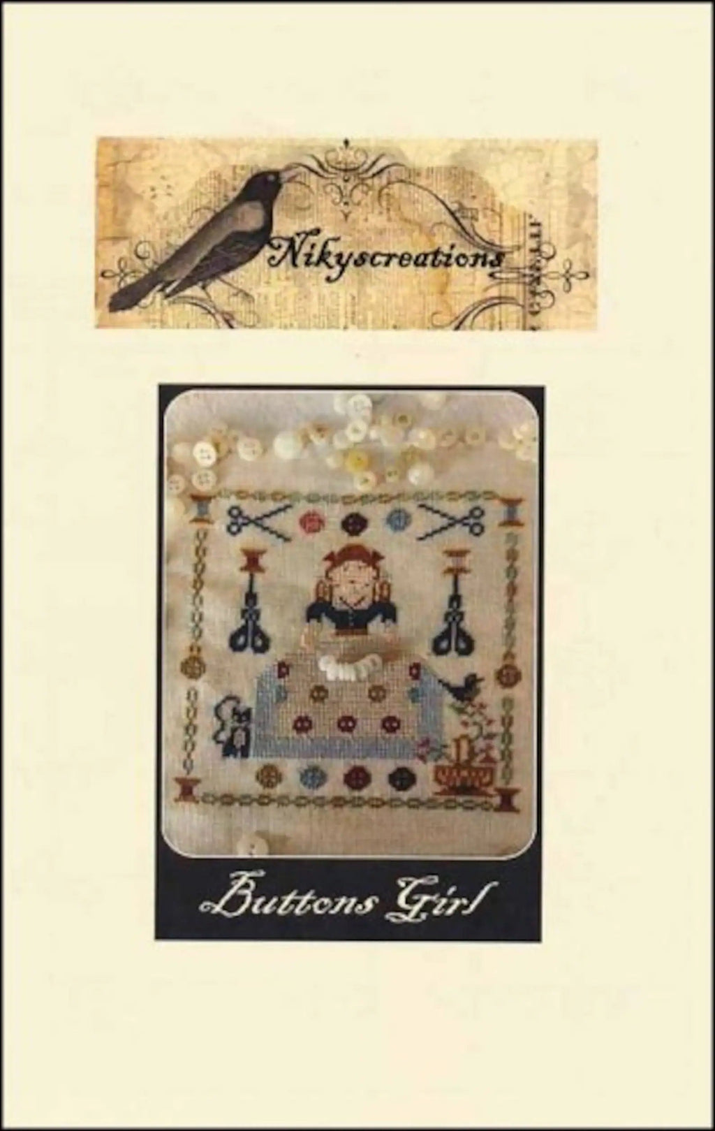 NIKYSCREATIONS PRIMITIVES "Buttons Girl" Counted Cross Stitch, Chart, Pattern Only