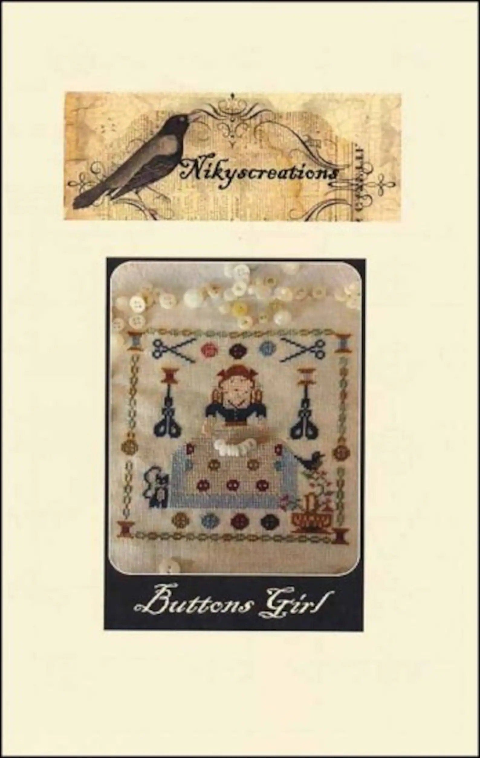 NIKYSCREATIONS PRIMITIVES "Buttons Girl" Counted Cross Stitch, Chart, Pattern Only