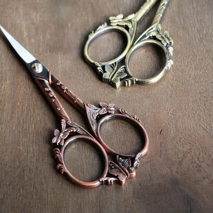 Butterfly Garden Embroidery SCISSORS by NNK PRESS Stainless Steel Blades, Antique Copper or Antique Gold Finish, Vintage Style