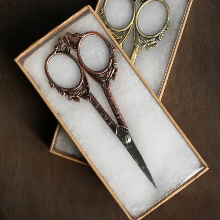 Butterfly Garden Embroidery SCISSORS by NNK PRESS Stainless Steel Blades, Antique Copper or Antique Gold Finish, Vintage Style