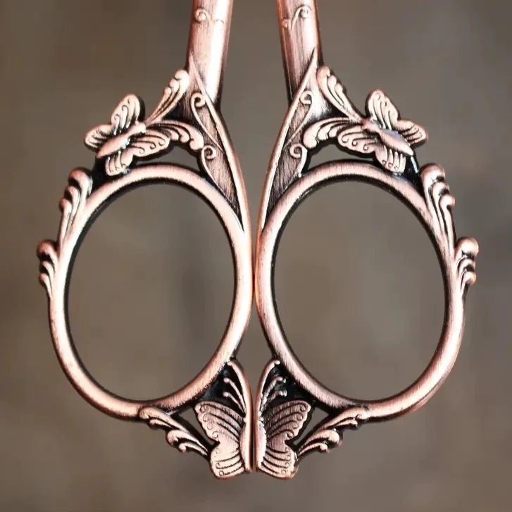 Butterfly Garden Embroidery SCISSORS by NNK PRESS Stainless Steel Blades, Antique Copper or Antique Gold Finish, Vintage Style