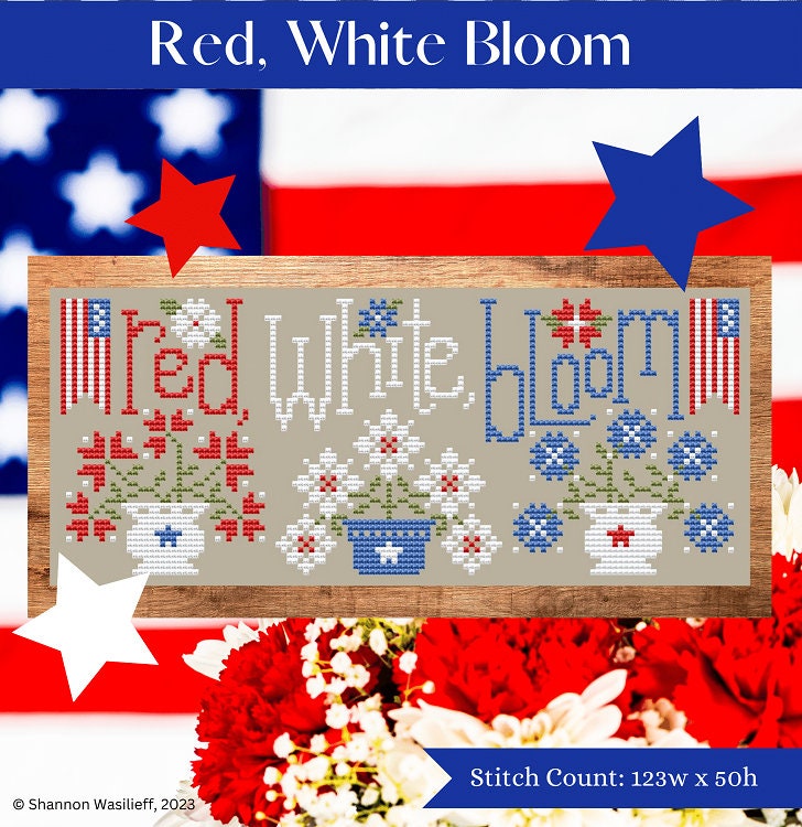 SHANNON CHRISTINE DESIGNS "Red, White Bloom" Counted Cross Stitch Pattern, Chart, Americana, Pattern Only
