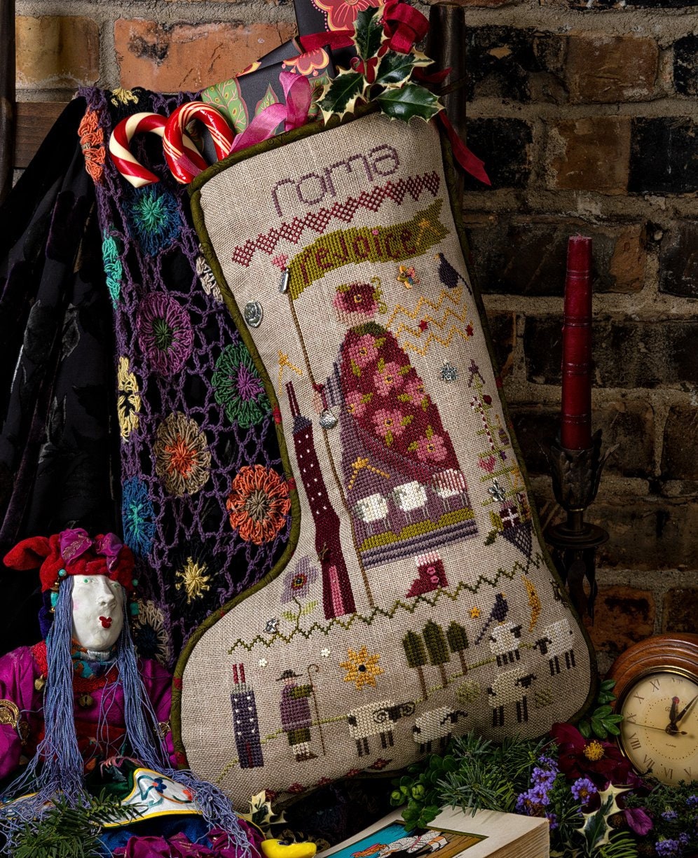 SHEPHERD'S BUSH PRINTWORKS "Roma's Stocking" Counted Cross Stitch Pattern, Christmas, Santa, Sampler, Pattern Only
