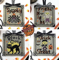 TINY MODERNIST "Halloween Spooktacular Ornament Series 5-8" Counted Cross Stitch, Spider, Mummy, Black Cat, Frankenstein, Pattern Only