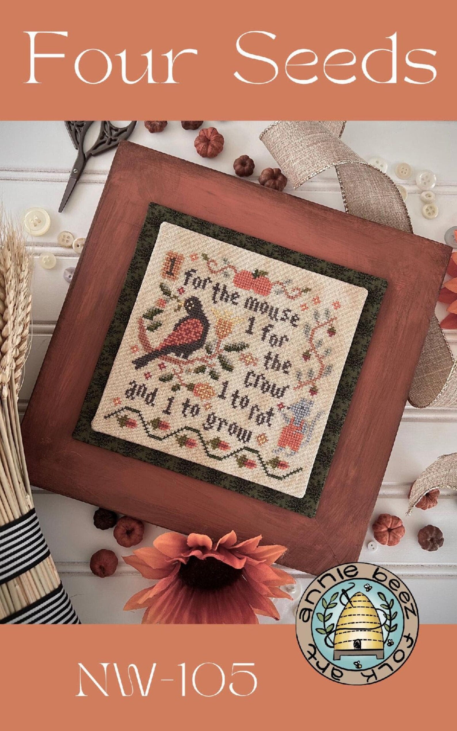 ANNIE BEEZ Folk Art "Four Seeds" Counted Cross Stitch Pattern, Chart, Needlework, Pattern Only