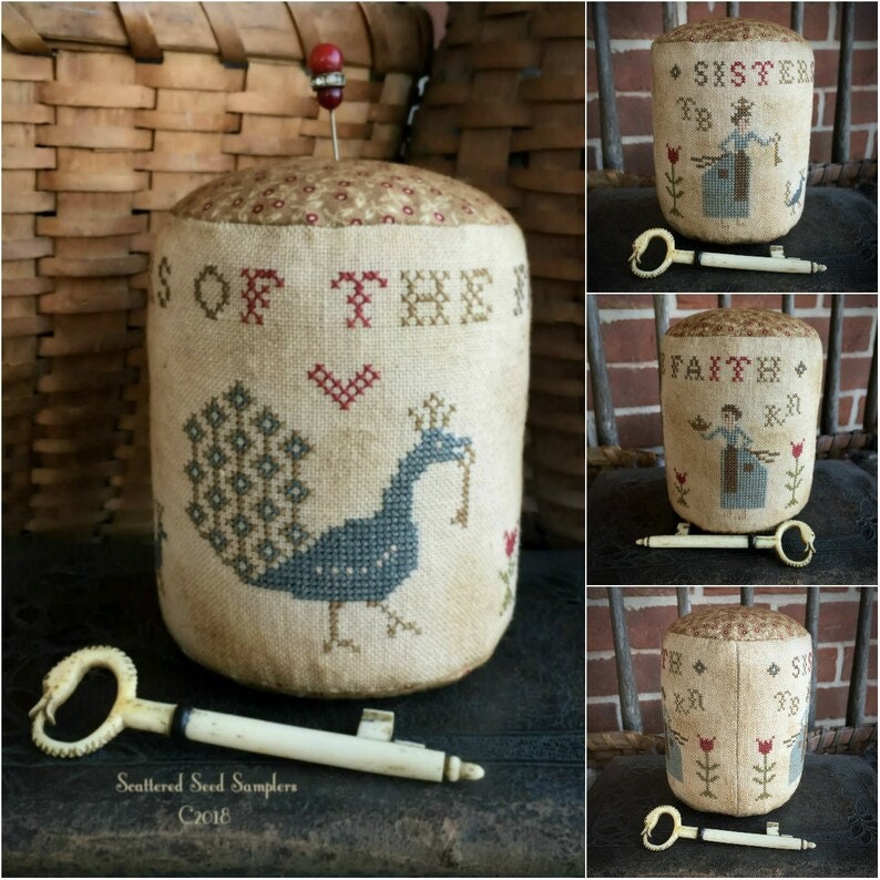 SCATTERED SEED SAMPLERS "Sisters of the Faith Pinkeep Drum" Counted Cross Stitch Pattern, PinKeep, Chart, Pattern Only