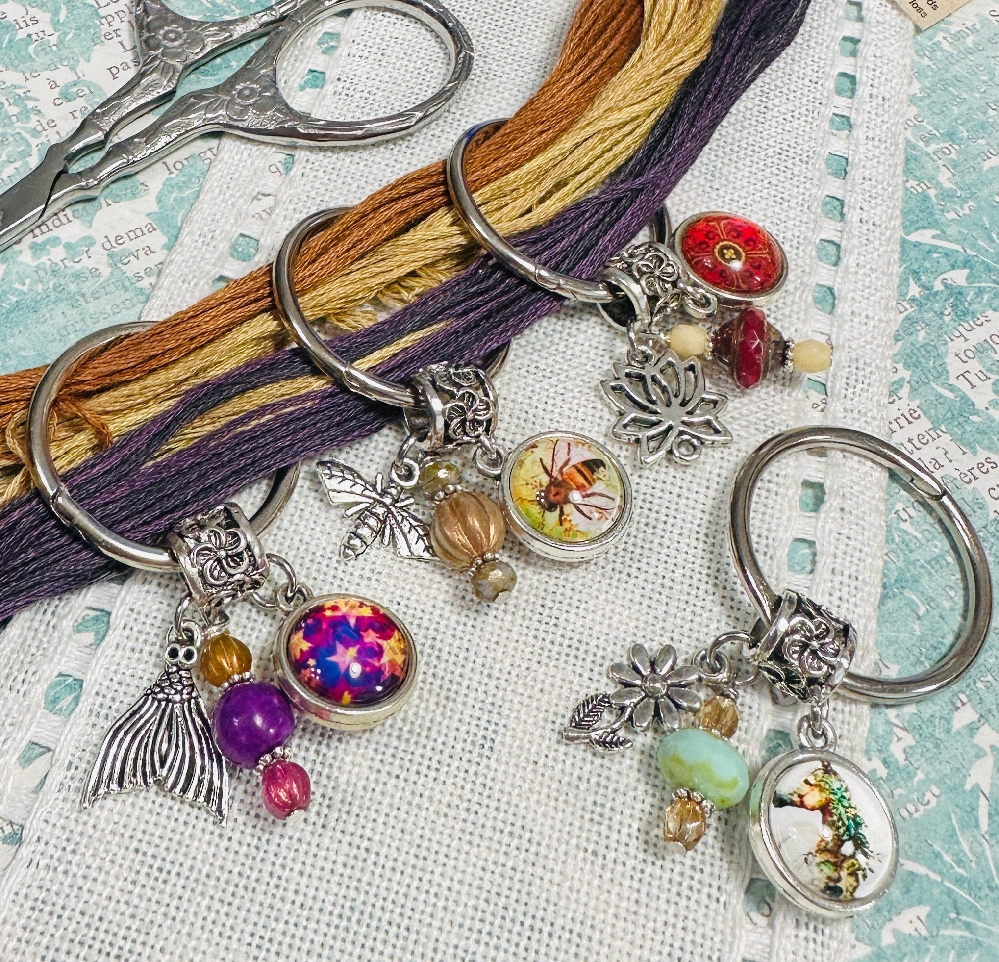 MY BIG TOE Designs "Assorted Thread Keeps"  Needlework Marketplace 2023  Glass Beads, Silver Charms