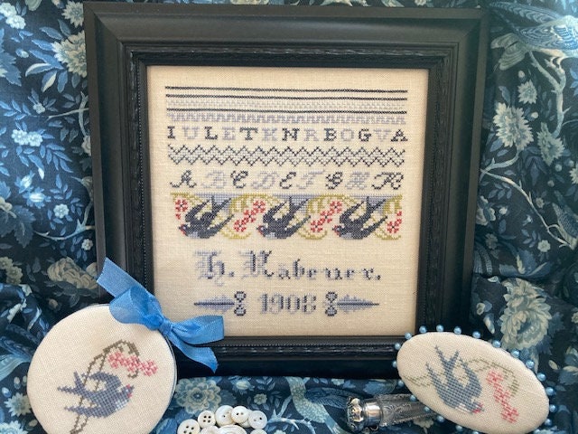 JBW DESIGNS "Hannah's Bluebird Sampler" Counted Cross Stitch, 1908 Reproduction Sampler, Chart, Holidays, Pattern Only