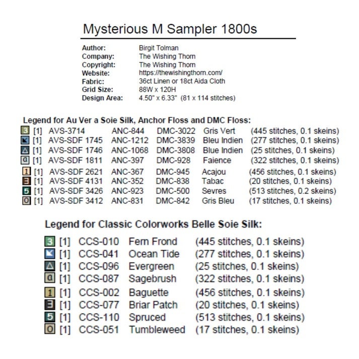 THE WISHING THORN "Mysterious M Sampler 1800s"  Counted Cross Stitch Pattern  Sampler, Chart, Pattern Only