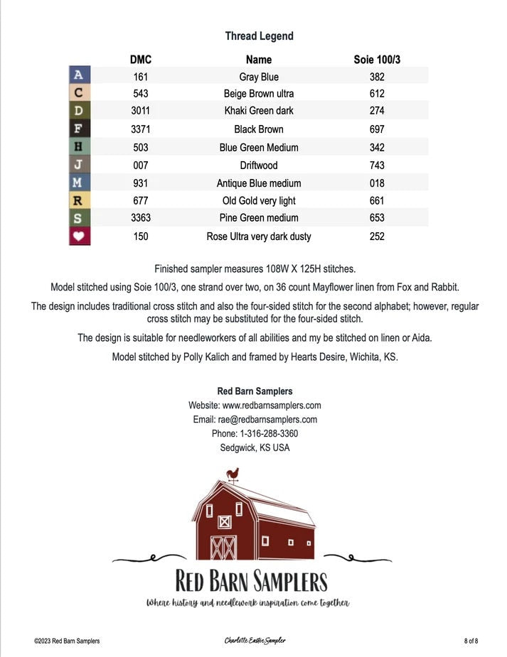RED BARN SAMPLERS "Charlotte Eastoe Sampler" Counted Cross Stitch Pattern, Pattern Only