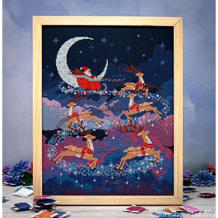 COUNTING PUDDLES "Santa's Moonlit Ride" Counted Cross Stitch Pattern, Christmas, Winter, Reindeer, Needlework Marketplace 2023, Pattern Only