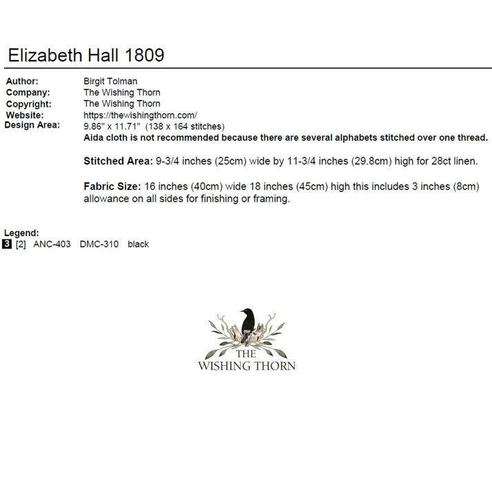 THE WISHING THORN "Elizabeth Hall 1809 ~ Weston School Sampler"  Counted Cross Stitch Pattern  Quaker Sampler, Chart, Pattern Only