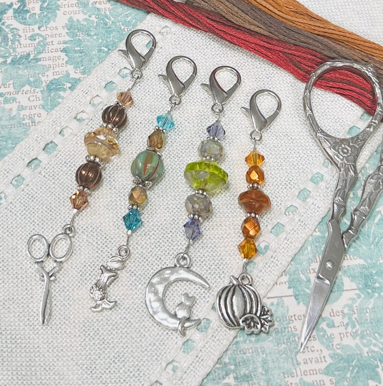 MY BIG TOE Designs "Mini Scissor Fob"  Needlework Marketplace 2023  Zipper Pull  Pumpkin, Scissors, Mermaid, Moon w/Cat