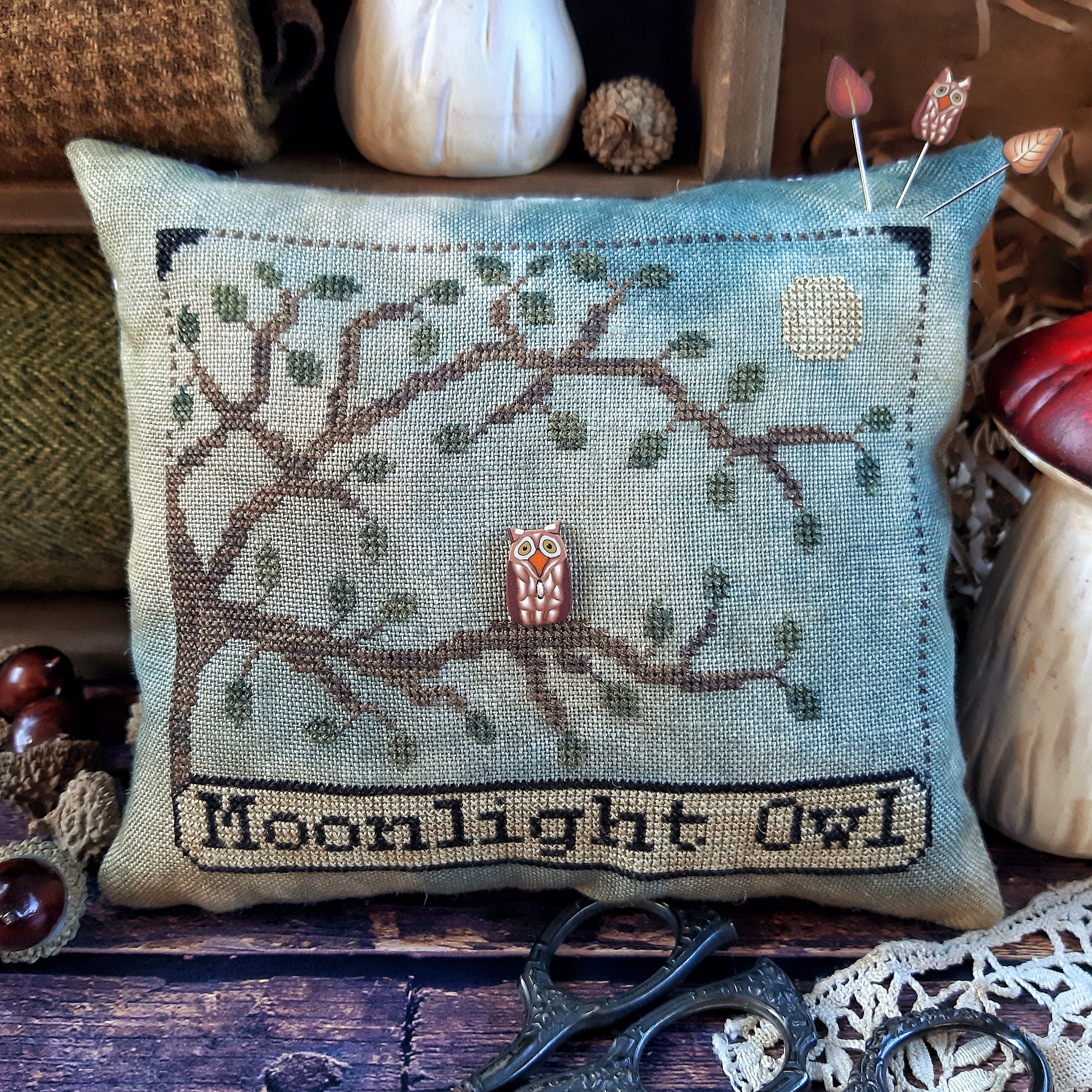 PUNTINI PUNTINI "Moonlight Owl (2023 version)" Button and Pins Included, Counted Cross Stitch, Fall, Needlework Marketplace 2023 Release