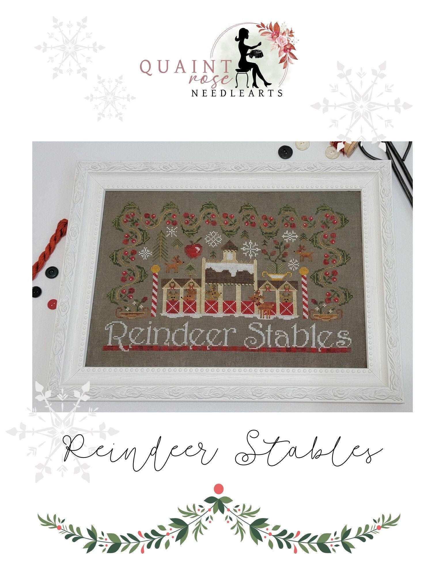 QUAINT ROSE NEEDLEARTS "Reindeer Stables" Counted Cross Stitch Pattern, Reproduction Sampler, Chart, Pattern Only