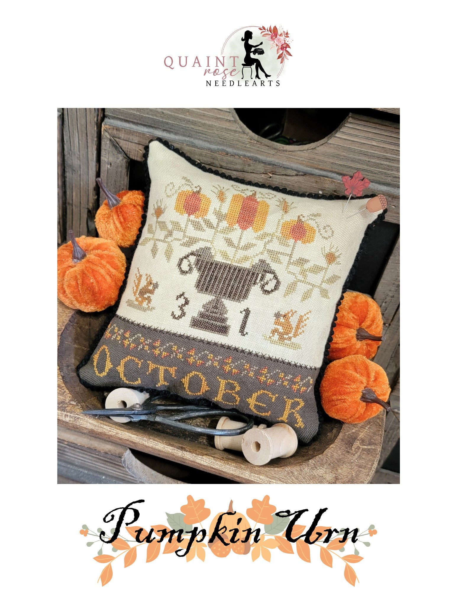 QUAINT ROSE NEEDLEARTS "Pumpkin Urn" Counted Cross Stitch Pattern, October, Fall, Chart, Pattern Only