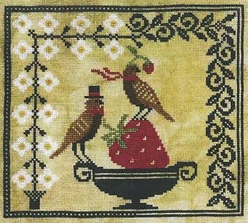 ARTFUL OFFERINGS "Posh Strawberry Picnic" Counted Cross Stitch Pattern, Chart, Birds, Sampler, Pattern Only