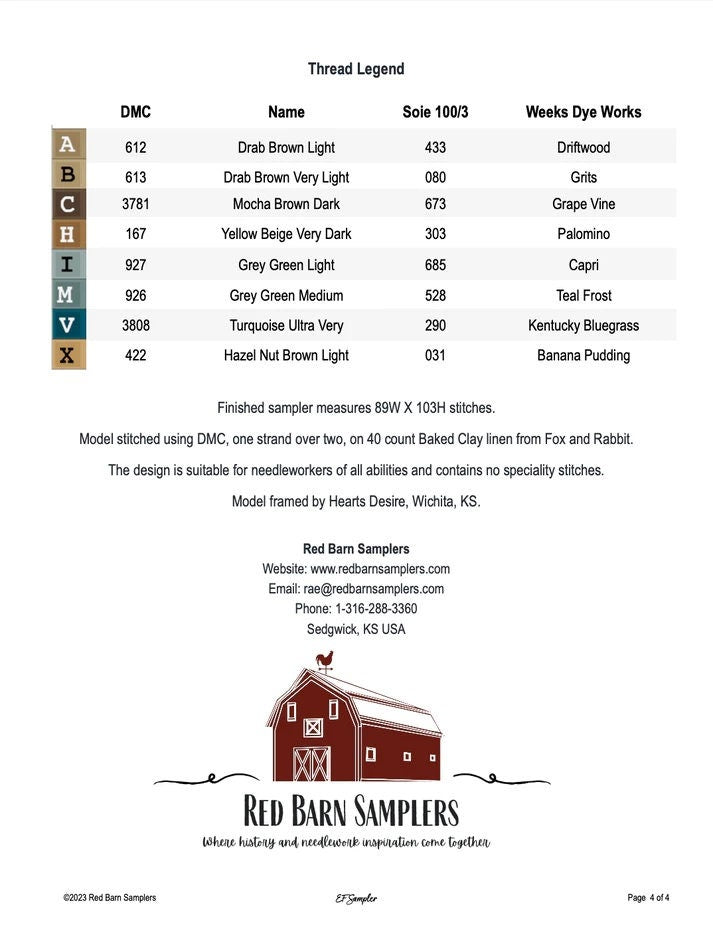 Red Barn Samplers "EF Sampler" Counted Cross Stitch Pattern, Chart, Pattern Only