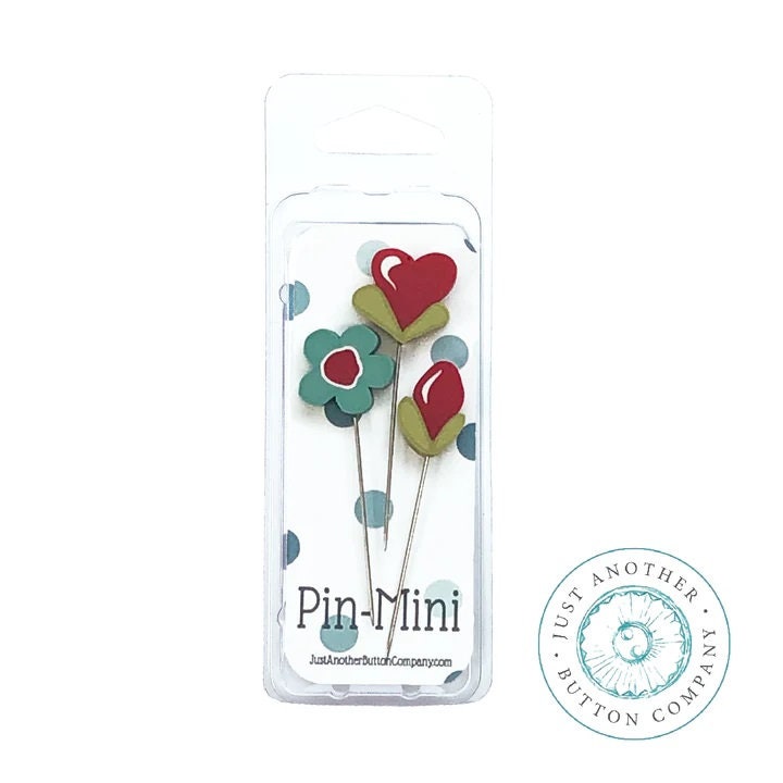 JUST ANOTHER BUTTON Co. "Pin-Mini: Love Blooms (Limited Edition)" Pincushion Pin Embellishments, Stainless Steel, Assort. of 3, jpm488