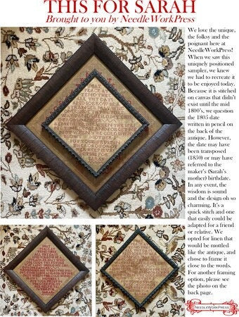 NEEDLEWORK PRESS "This For Sarah" A Sampler, Counted Cross Stitch Pattern, NeedleWorkPress, Pattern Only