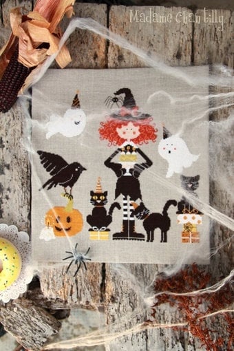 MADAME CHANTILLY "Halloween Party" Counted Cross Stitch Pattern, Halloween, Witch, Pumpkins, Black Cats, Italy, Pattern Only