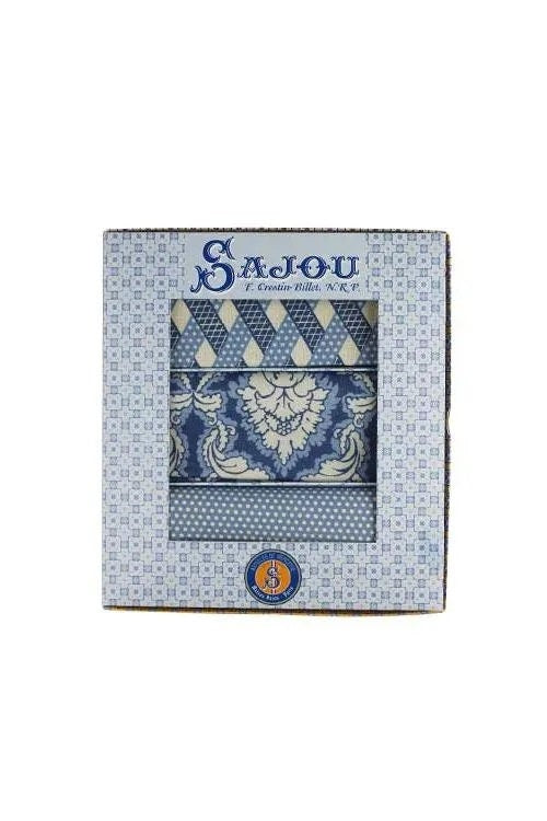 MAISON SAJOU French Fabric ~ 3 Swatches Cotton On Fabric Blue Damas In Gift Box ~ Made in France