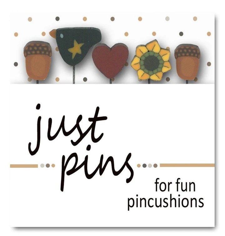 JUST ANOTHER BUTTON Company "Just Pins - Harvest Heart" Pincushion Pin Embellishments, Stainless Steel Pins, Set of 5, JP136