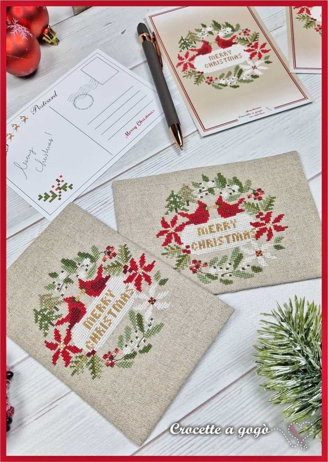 Crocette A Gogo    "Christmas Card"  Counted Cross Stitch Pattern  Winter, Christmas, Red Cardinals, Poinsettias, Paper Pattern
