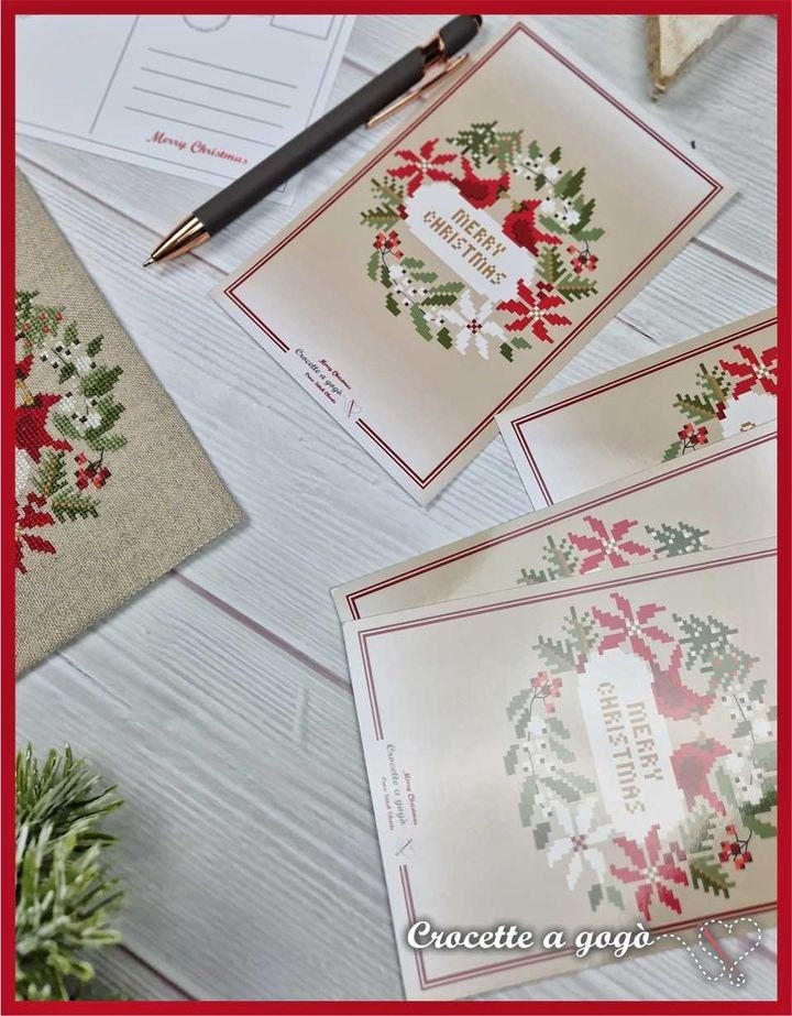 Crocette A Gogo    "Christmas Card"  Counted Cross Stitch Pattern  Winter, Christmas, Red Cardinals, Poinsettias, Paper Pattern