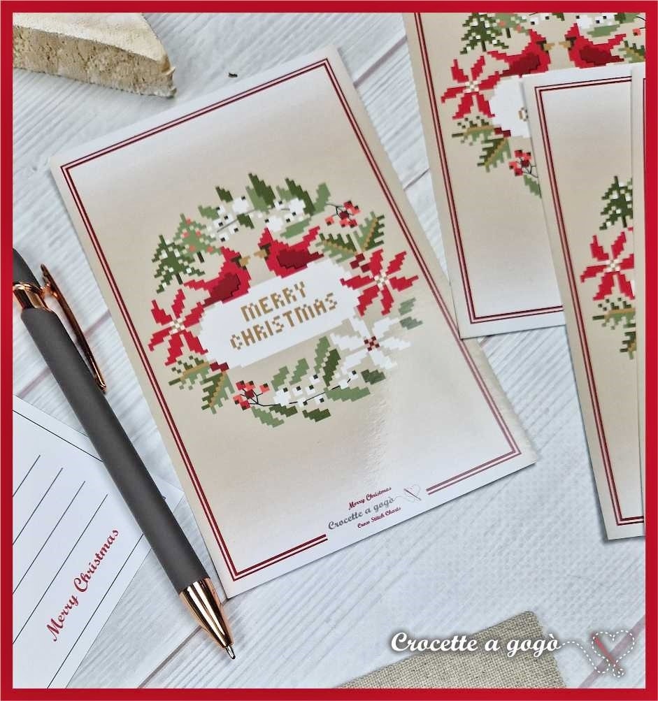 Crocette A Gogo    "Christmas Card"  Counted Cross Stitch Pattern  Winter, Christmas, Red Cardinals, Poinsettias, Paper Pattern