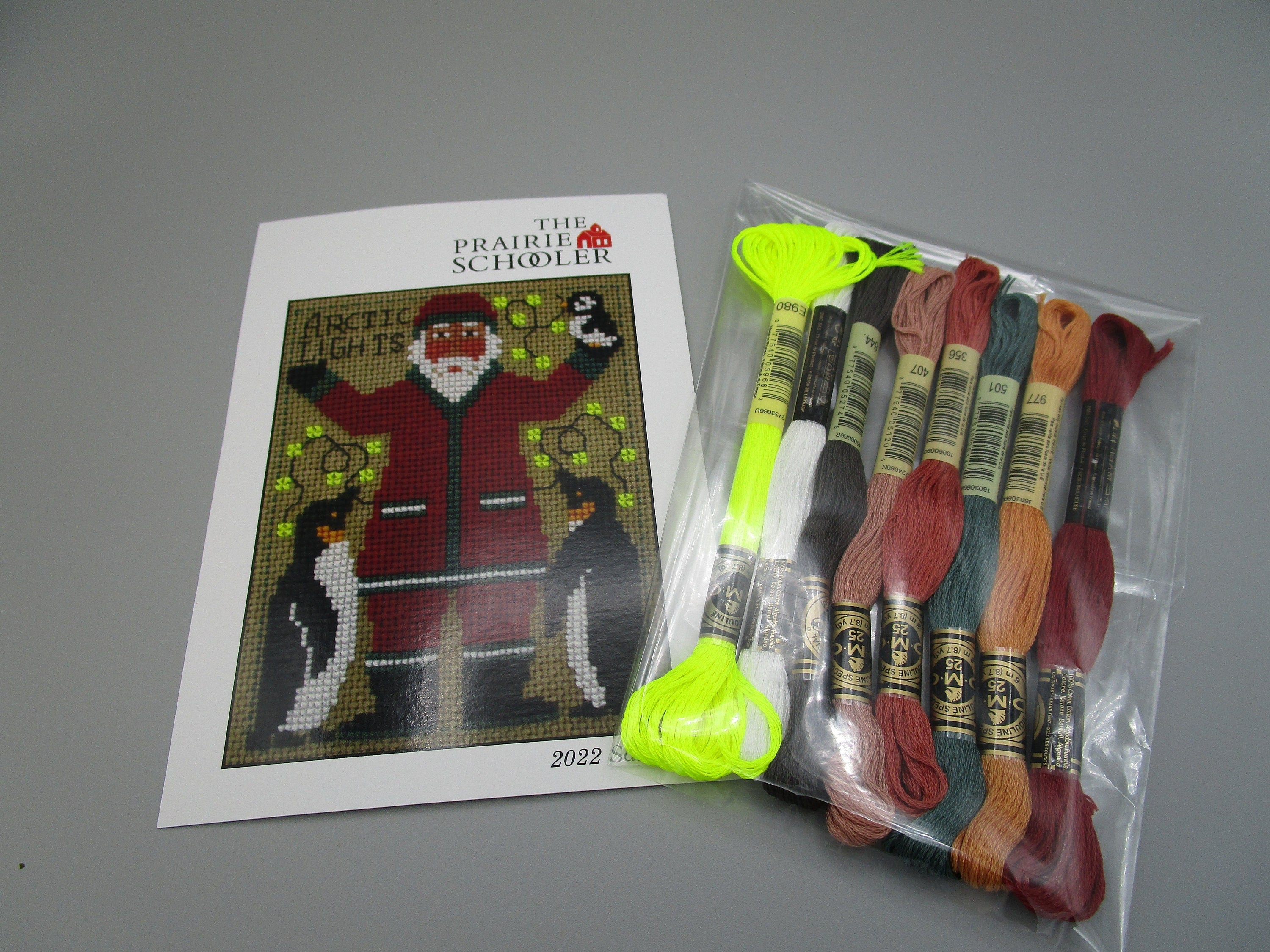 PRAIRIE SCHOOLER 2022 Schooler Santa ~ Counted Cross Stitch Pattern plus Optional Floss Pack, Yearly Santa, Penguins, Artic Lights