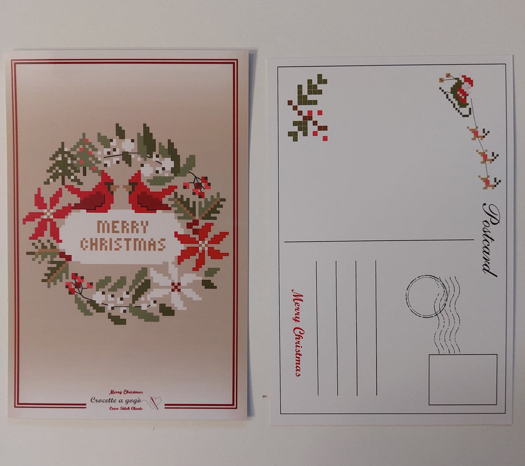 Crocette A Gogo    "Christmas Card"  Counted Cross Stitch Pattern  Winter, Christmas, Red Cardinals, Poinsettias, Paper Pattern