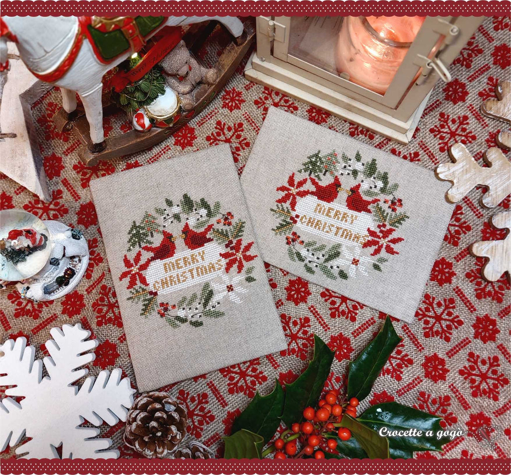 Crocette A Gogo    "Christmas Card"  Counted Cross Stitch Pattern  Winter, Christmas, Red Cardinals, Poinsettias, Paper Pattern