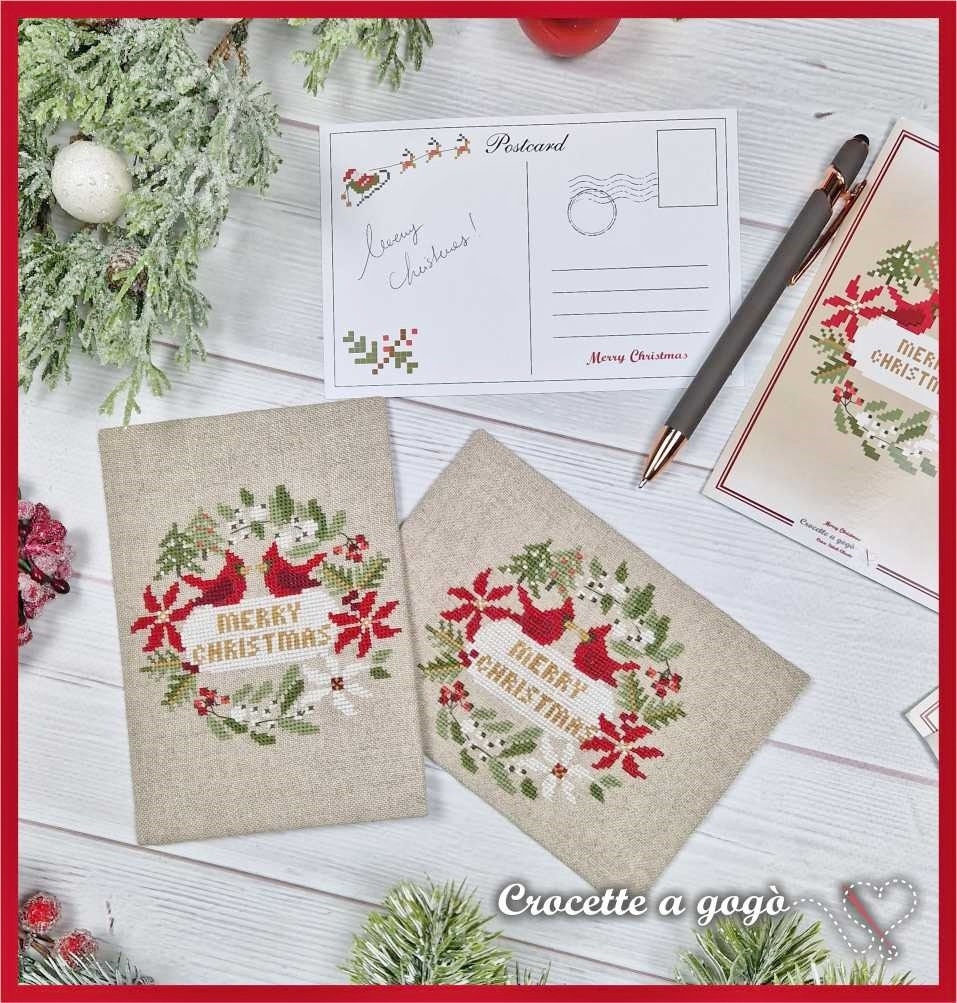 Crocette A Gogo    "Christmas Card"  Counted Cross Stitch Pattern  Winter, Christmas, Red Cardinals, Poinsettias, Paper Pattern