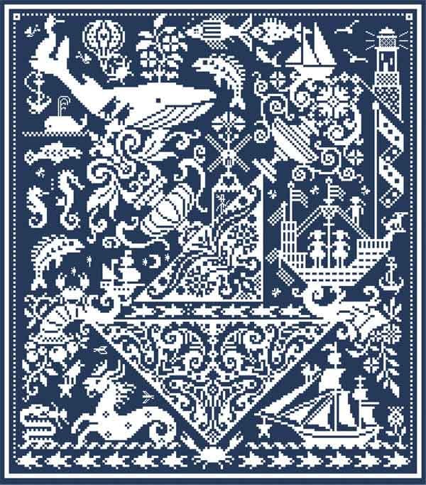 LONG DOG SAMPLERS "Fish 'n Ships"  Counted Cross Stitch Pattern  Classic Norfolk Sampler, Pattern Only