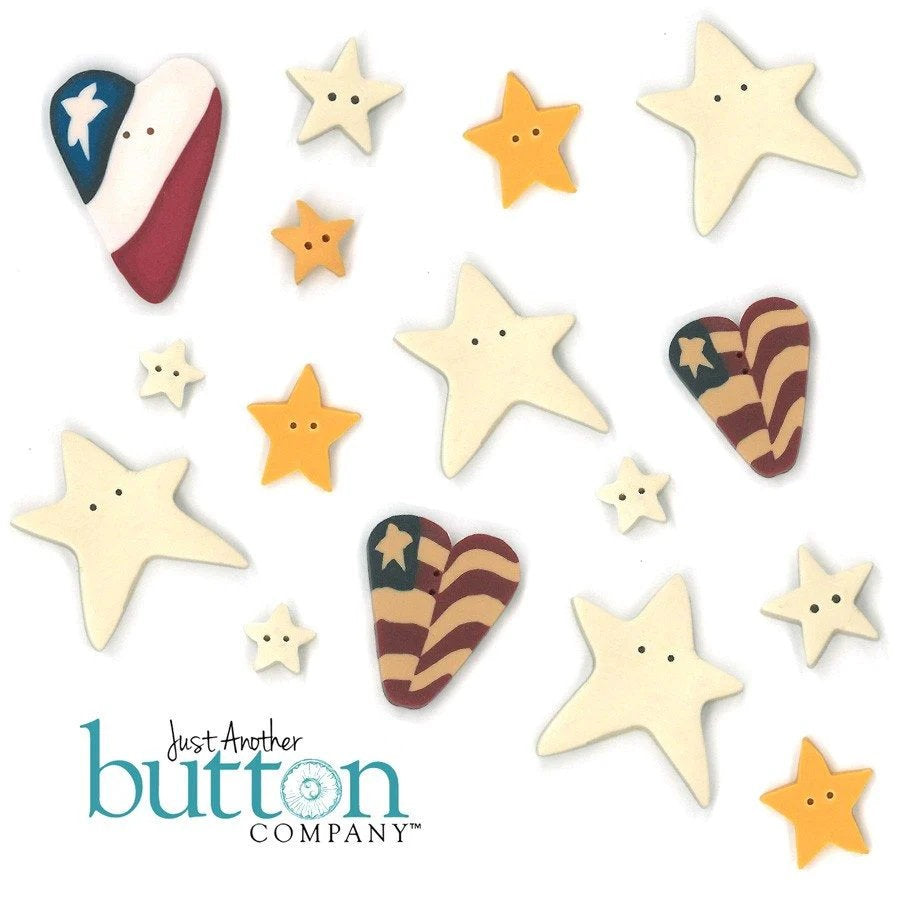 JUST ANOTHER BUTTON Company "Buttons - Easy Does It Patriotic" Pre-Packaged Assortment of 16 Buttons, Flag Hearts, Stars, Americana, 6738