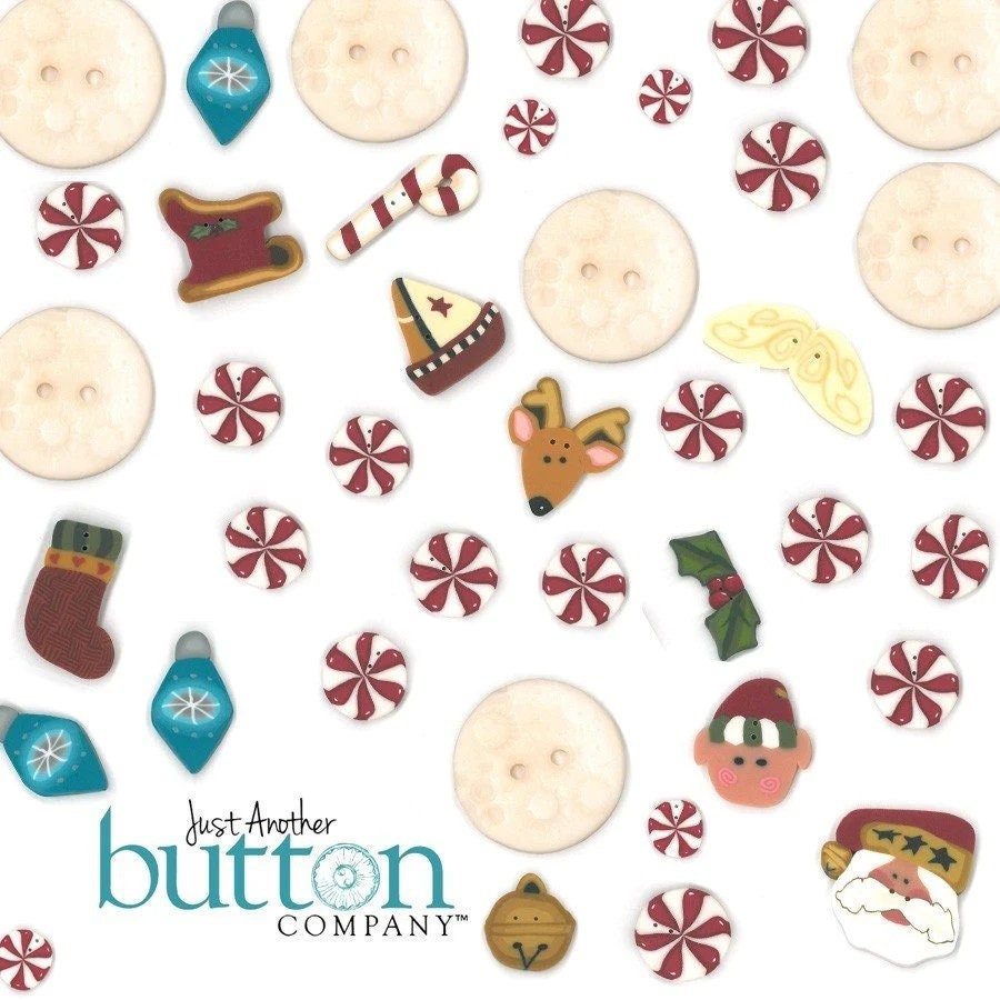 JUST ANOTHER BUTTON Company "Buttons - Jingle All The Way" Pre-Packaged Assortment of 40+ Hand-Made Buttons, Christmas, Holidays, 9340