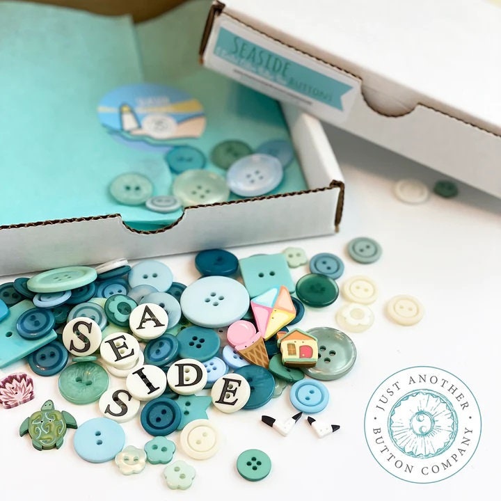 JUST ANOTHER BUTTON Company ~ "Seaside Button Box" 100+ pieces, Seaside Treasures, Handcrafted, Free Applique Pattern