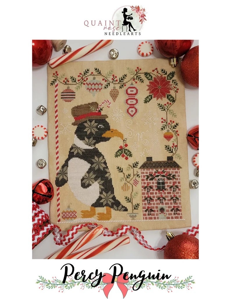 QUAINT ROSE NEEDLEARTS "Percy Penguin" Counted Cross Stitch Pattern, Sampler, Chart, Christmas, Pattern Only