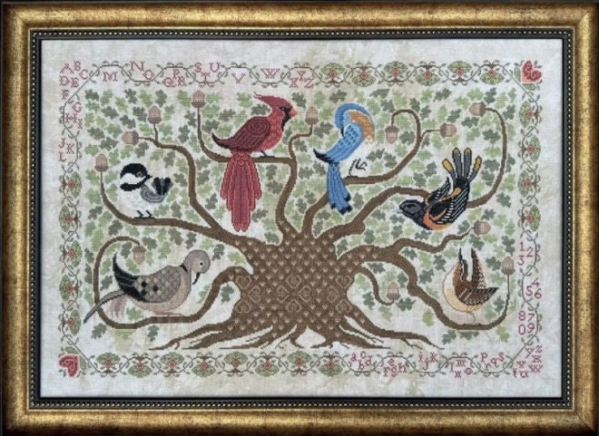 COTTAGE GARDEN SAMPLER "A Symphony of Friendship Sampler"  Counted Cross Stitch Chart  Songbirds, Acorn Tree, Pattern Only