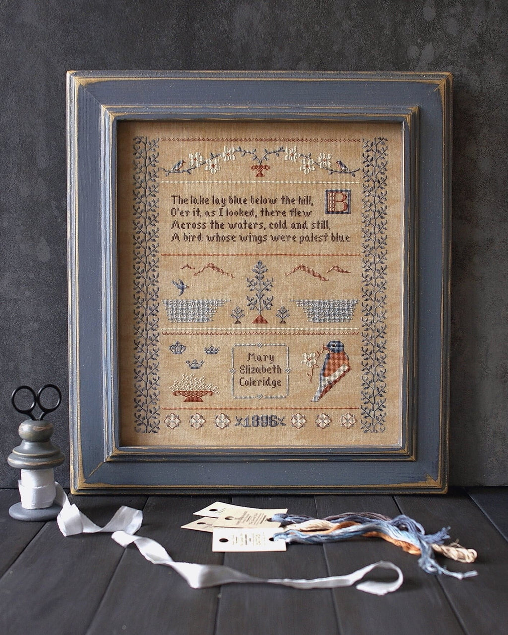 Blue Bird Needleworks "The Bluebird Sampler 1896"  PDF Counted Cross Stitch Pattern  Chart, Mary Elizabeth Coleridge, Pattern Only