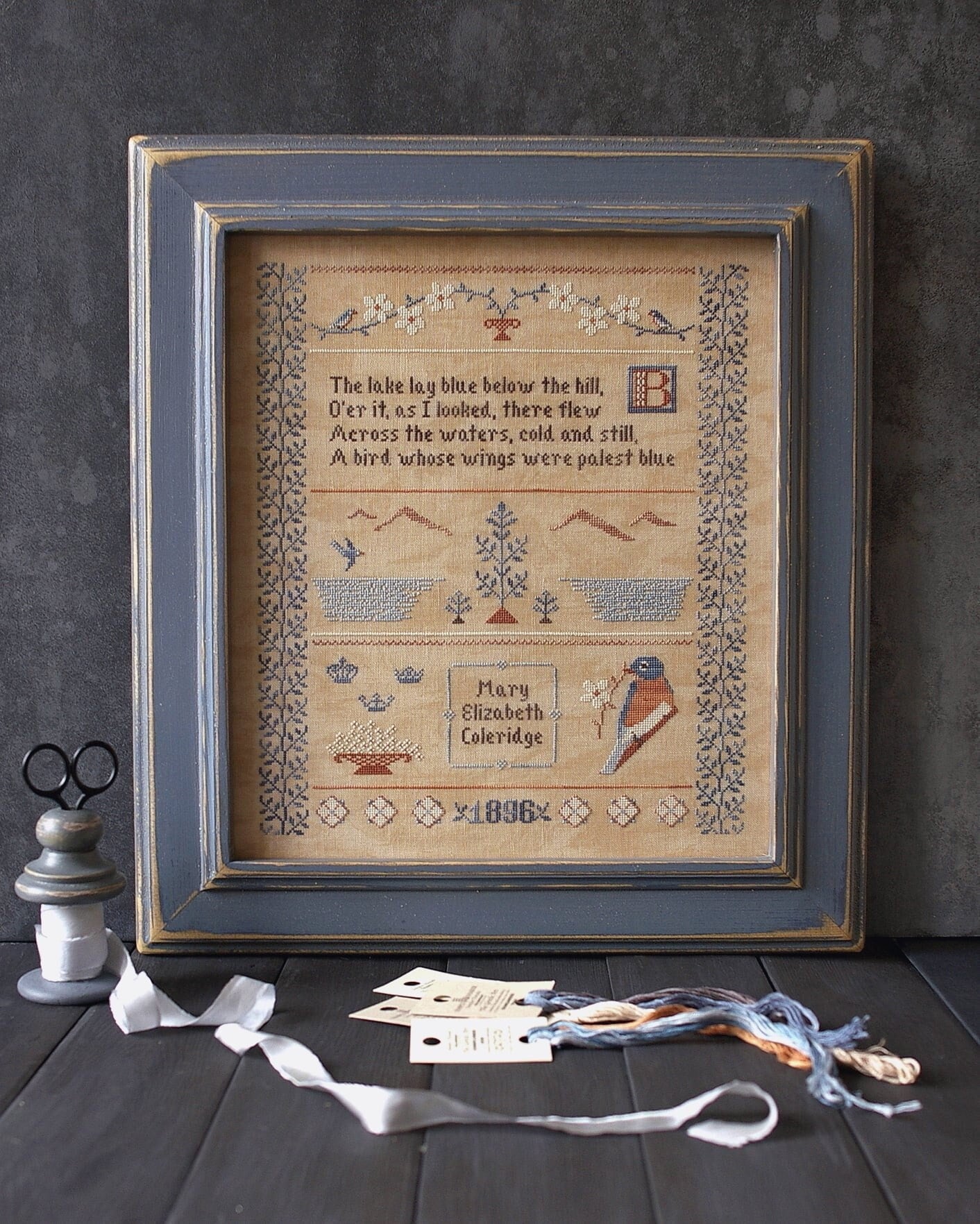 Blue Bird Needleworks "The Bluebird Sampler 1896"  PDF Counted Cross Stitch Pattern  Chart, Mary Elizabeth Coleridge, Pattern Only