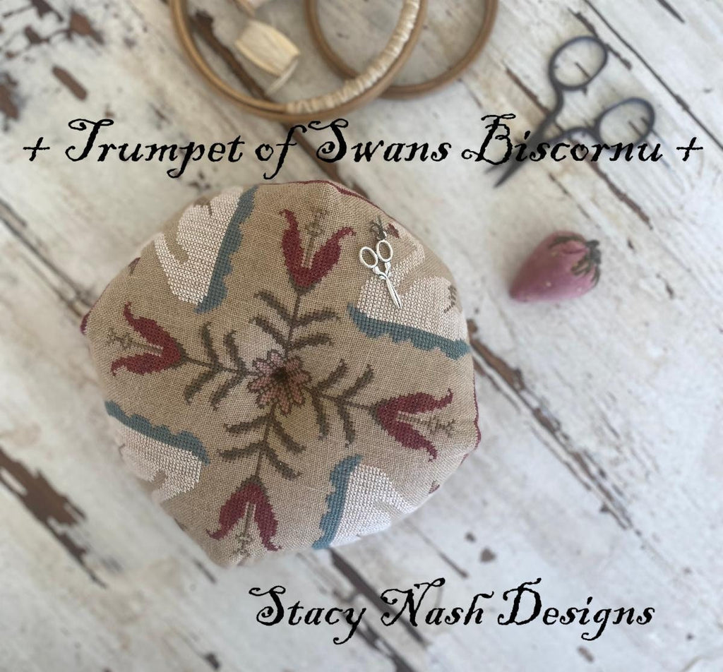 STACY NASH PRIMITIVES "Trumpet of Swans ~ Biscornu" Counted Cross Stitch Pattern, 2024 Nashville Needlework Market, Pattern Only